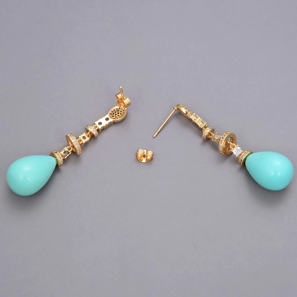 IRIS APFEL Teal Dangle Sea Blue Aquamarine Natural Stone Drop Long Earrings - Picture 8 of 13
